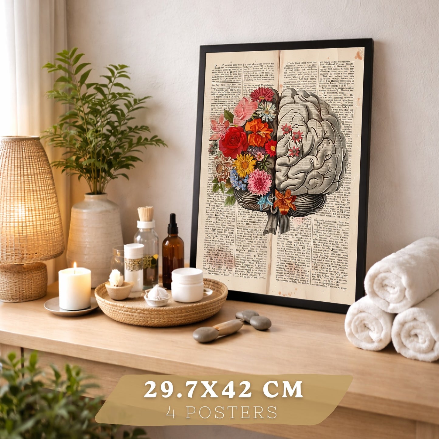 Set 4 Cuadros de Anatomía Láminas con Corazón, Cerebro, Esqueleto y Intestinos Fondo Antiguo
