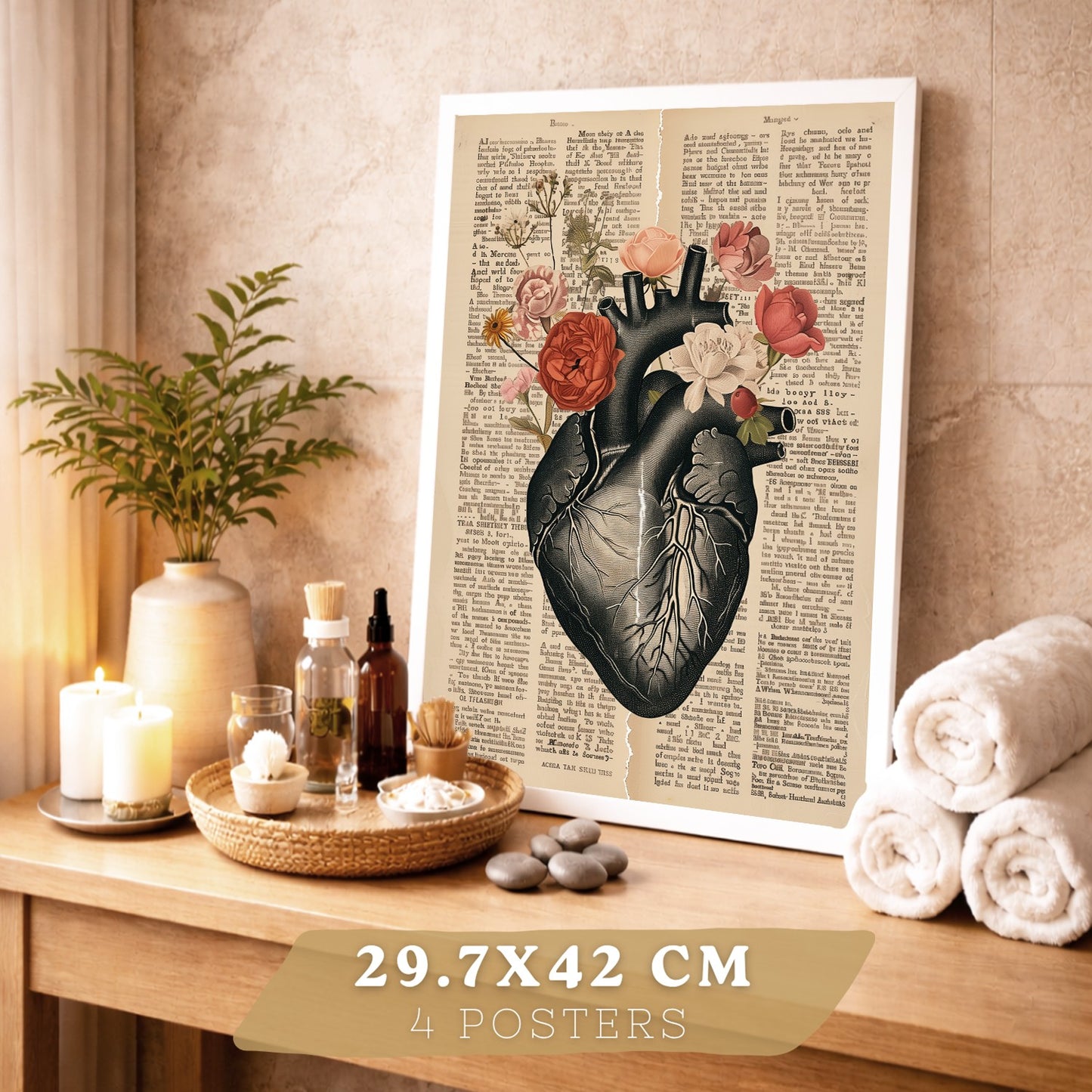 Set 4 Cuadros de Anatomía Láminas con Corazón, Cerebro, Esqueleto y Intestinos Fondo Antiguo