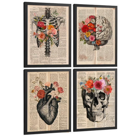 Set 4 Láminas Decoración para Pared Anatomía Vintage Estilo Collage Cuadros de Corazón Cráneo Esqueleto y Cerebro