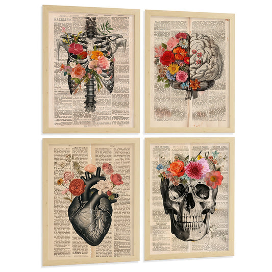 Set 4 Láminas Decoración para Pared Anatomía Vintage Estilo Collage Cuadros de Corazón Cráneo Esqueleto y Cerebro