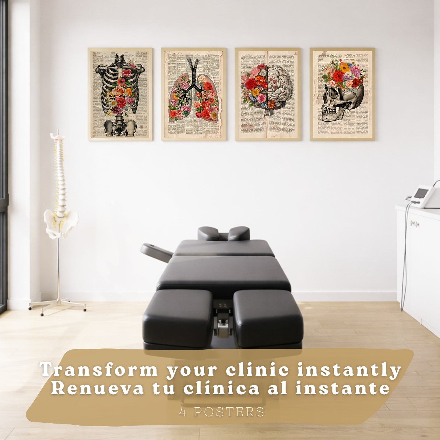 Set 4 Cuadros de Anatomía Humana Láminas Florales con Corazón Pulmones Esqueleto y Cráneo Estilo Moderno Elegante