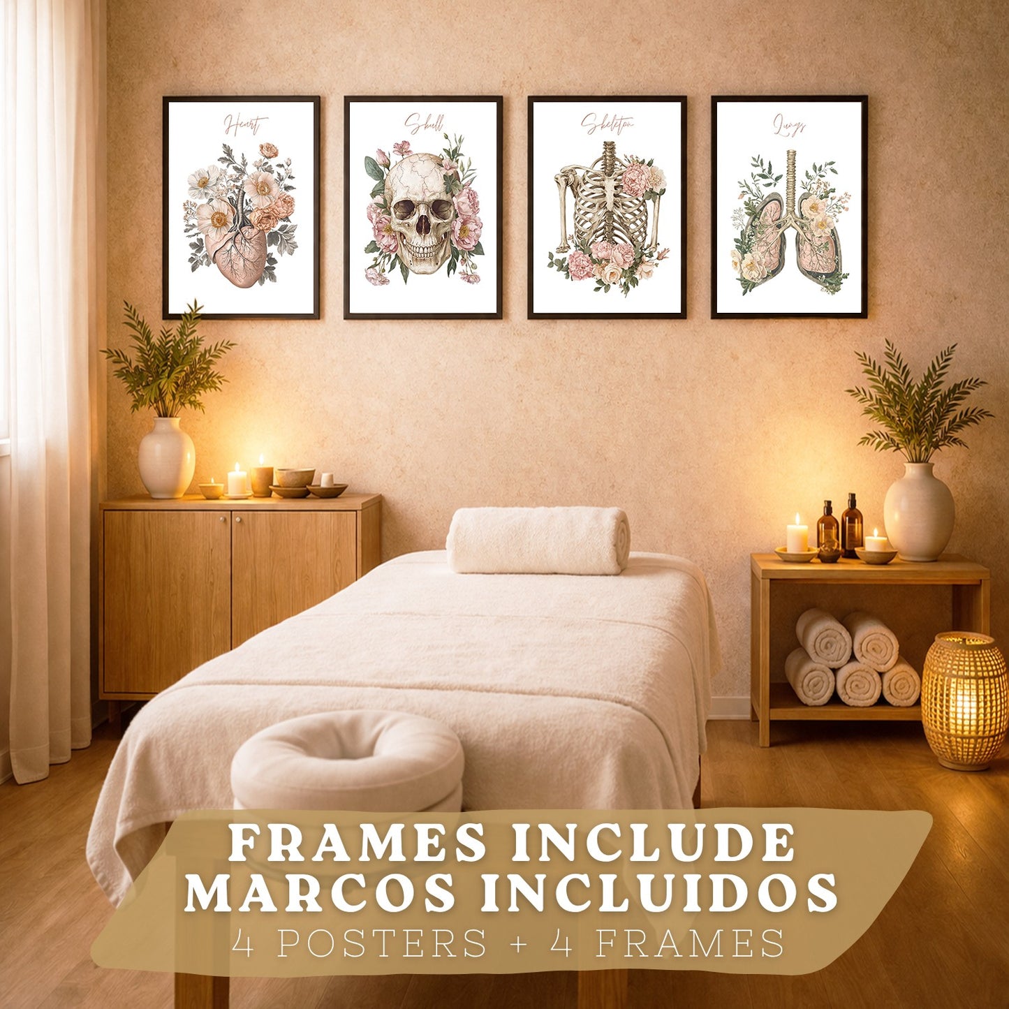 Set 4 Cuadros de Anatomía Humana Láminas Florales con Corazón Pulmones Esqueleto y Cráneo Estilo Moderno Elegante