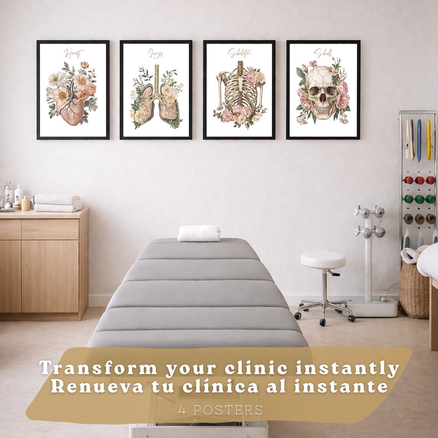 Set 4 Cuadros de Anatomía Humana Láminas Florales con Corazón Pulmones Esqueleto y Cráneo Estilo Moderno Elegante