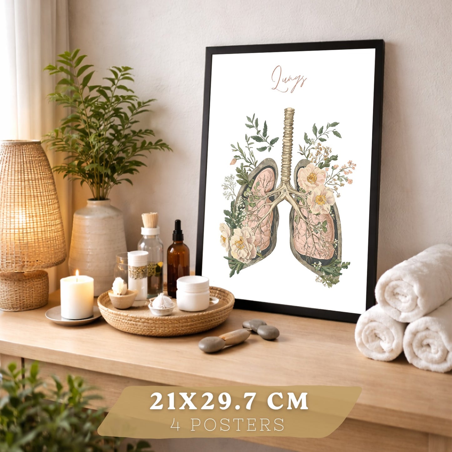 Set 4 Cuadros de Anatomía Humana Láminas Florales con Corazón Pulmones Esqueleto y Cráneo Estilo Moderno Elegante