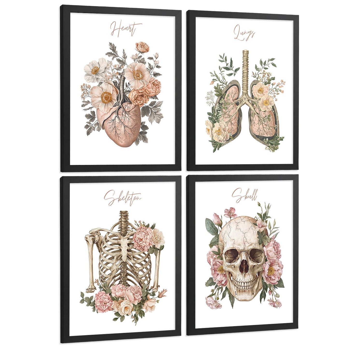 Set 4 Cuadros de Anatomía Humana Láminas Florales con Corazón Pulmones Esqueleto y Cráneo Estilo Moderno Elegante