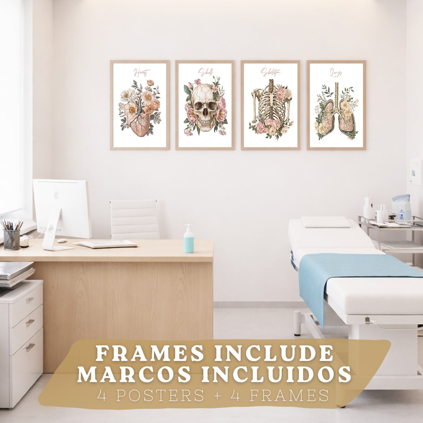 Set 4 Cuadros de Anatomía Humana Láminas Florales con Corazón Pulmones Esqueleto y Cráneo Estilo Moderno Elegante