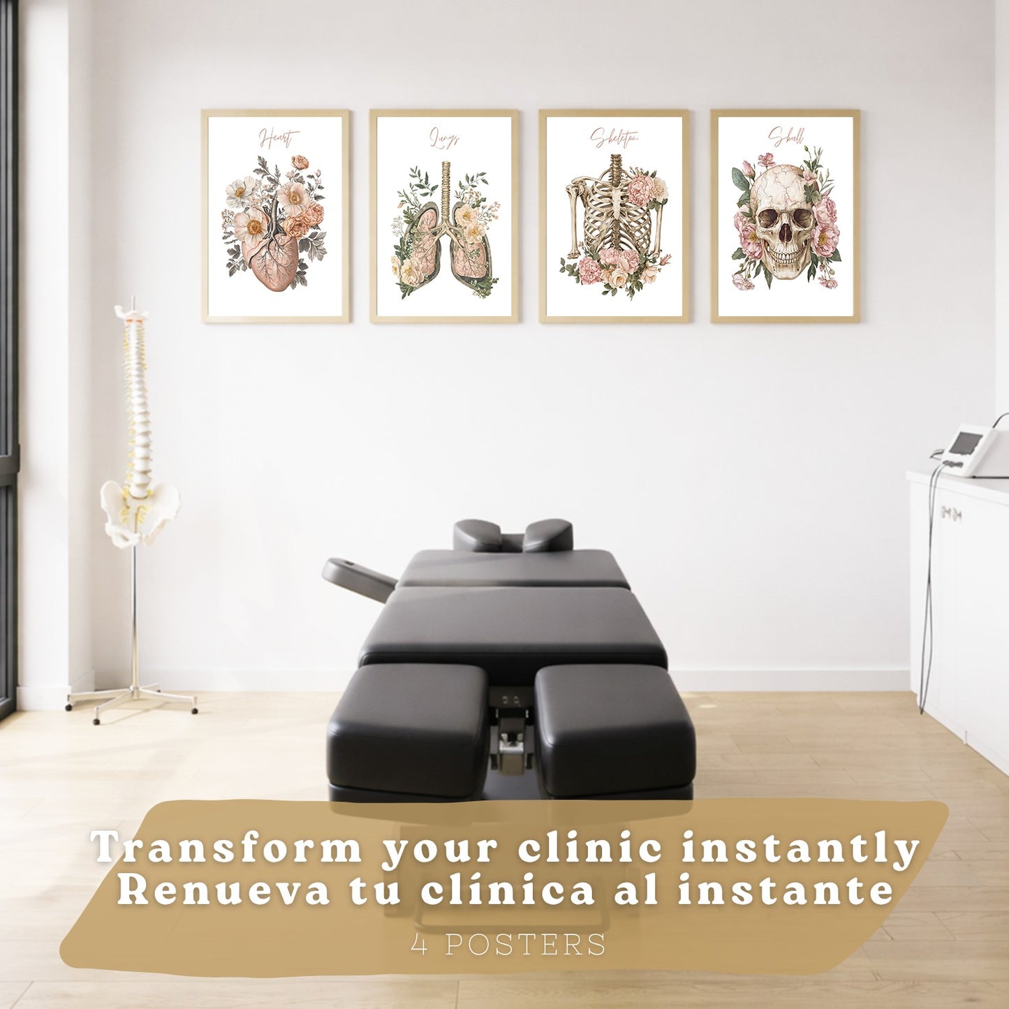 Set 4 Cuadros de Anatomía Humana Láminas Florales con Corazón Pulmones Esqueleto y Cráneo Estilo Moderno Elegante