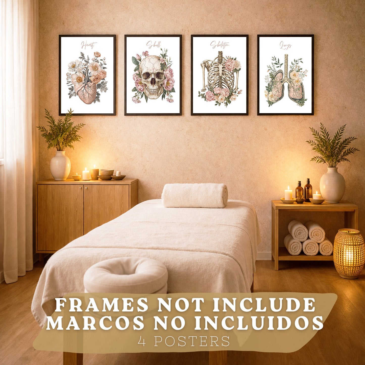 Set 4 Cuadros de Anatomía Humana Láminas Florales con Corazón Pulmones Esqueleto y Cráneo Estilo Moderno Elegante