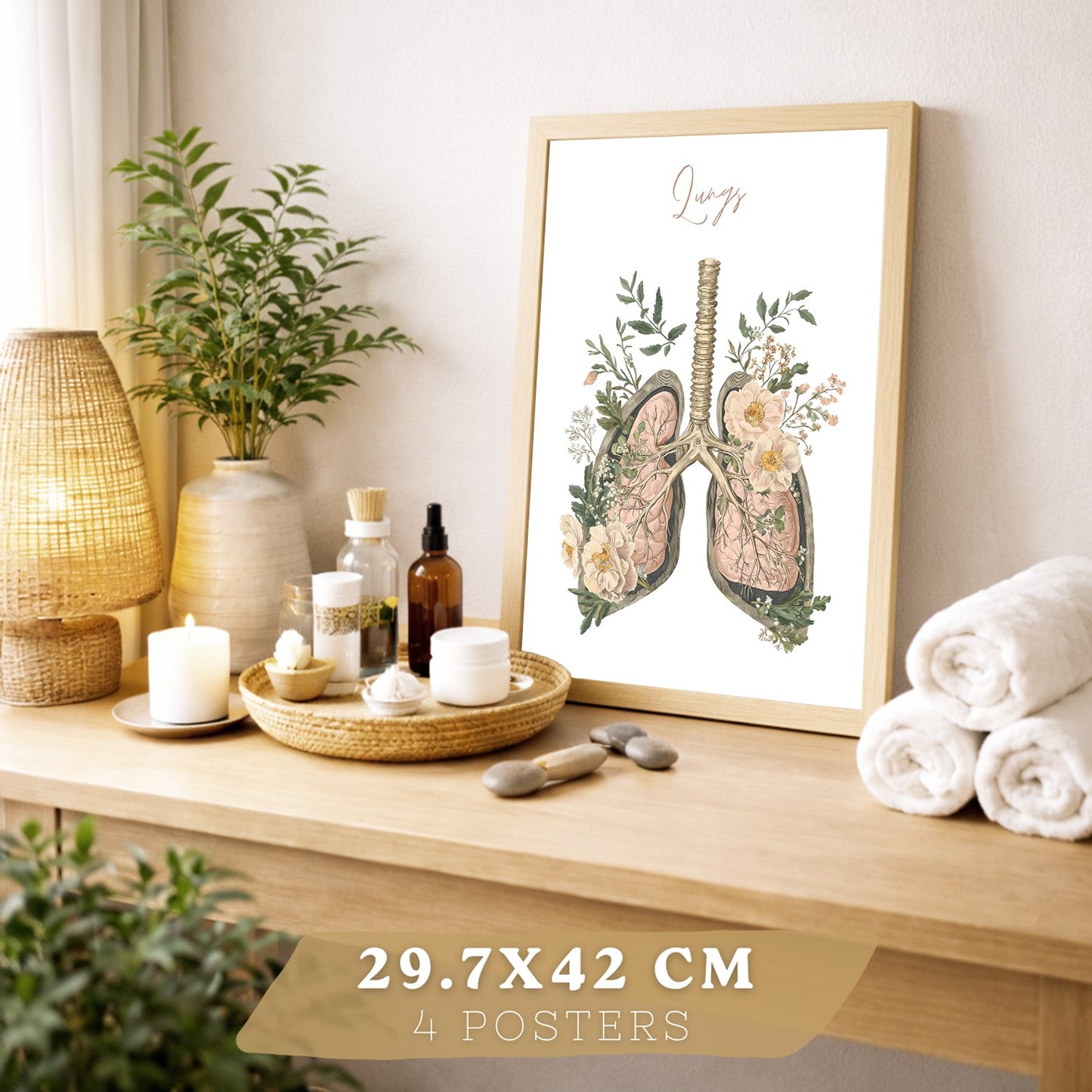 Set 4 Cuadros de Anatomía Humana Láminas Florales con Corazón Pulmones Esqueleto y Cráneo Estilo Moderno Elegante