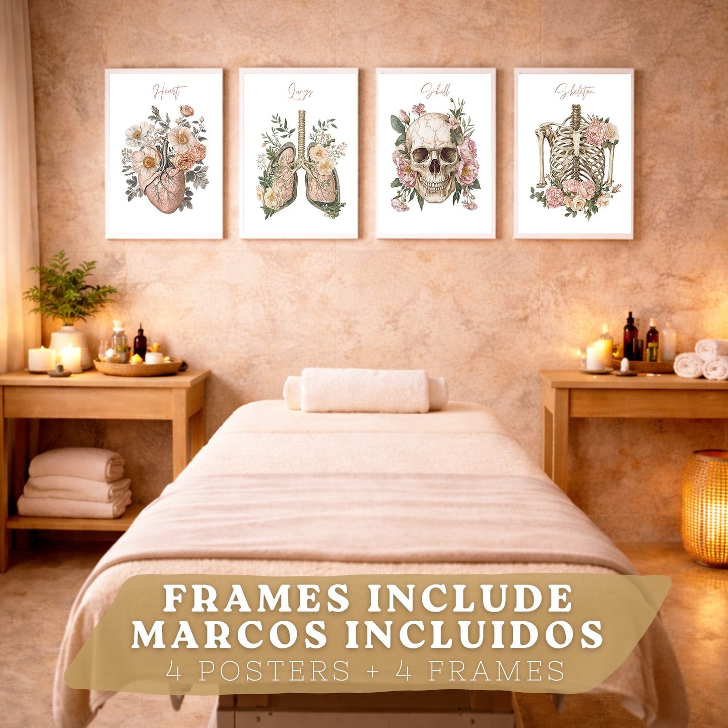 Set 4 Cuadros de Anatomía Humana Láminas Florales con Corazón Pulmones Esqueleto y Cráneo Estilo Moderno Elegante