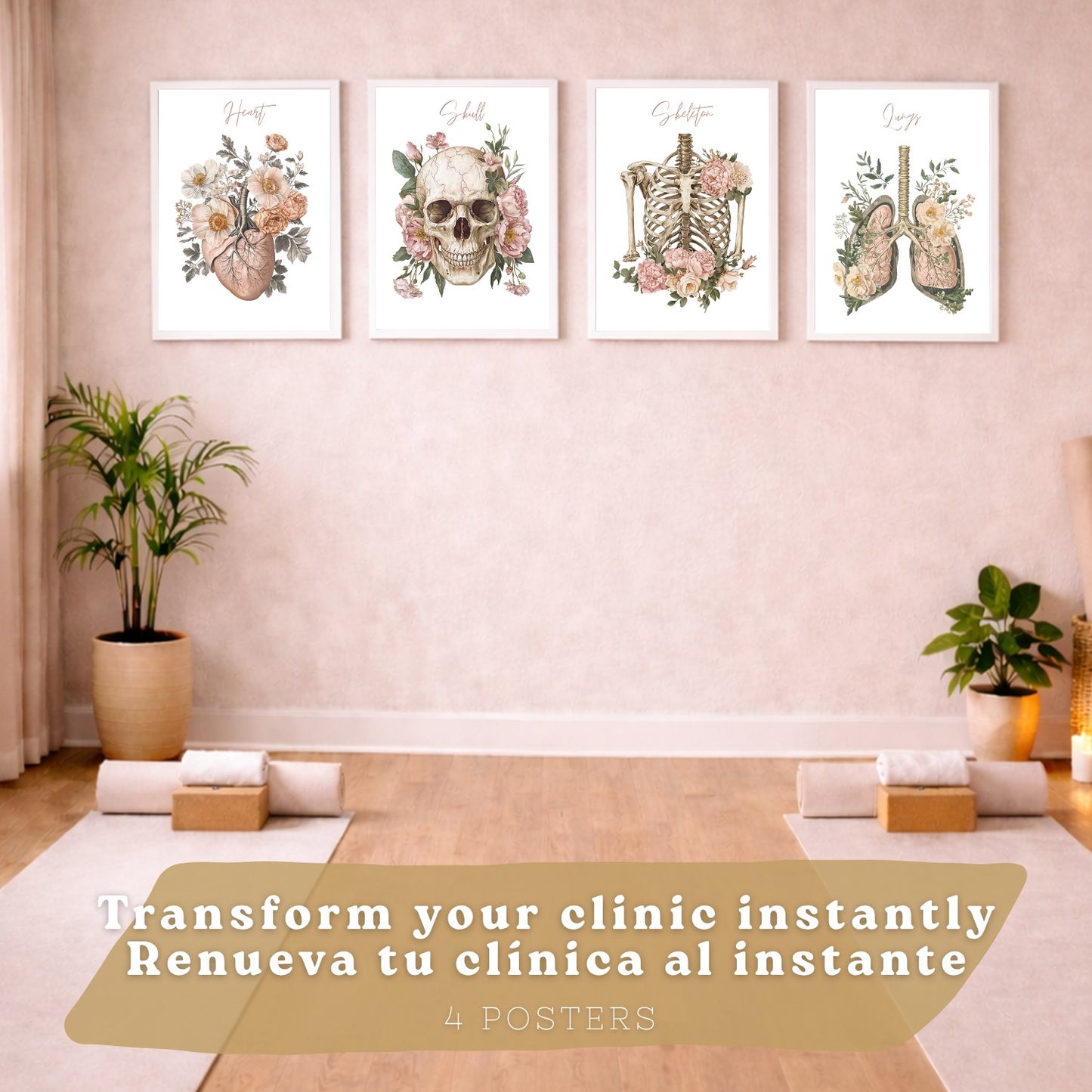 Set 4 Cuadros de Anatomía Humana Láminas Florales con Corazón Pulmones Esqueleto y Cráneo Estilo Moderno Elegante