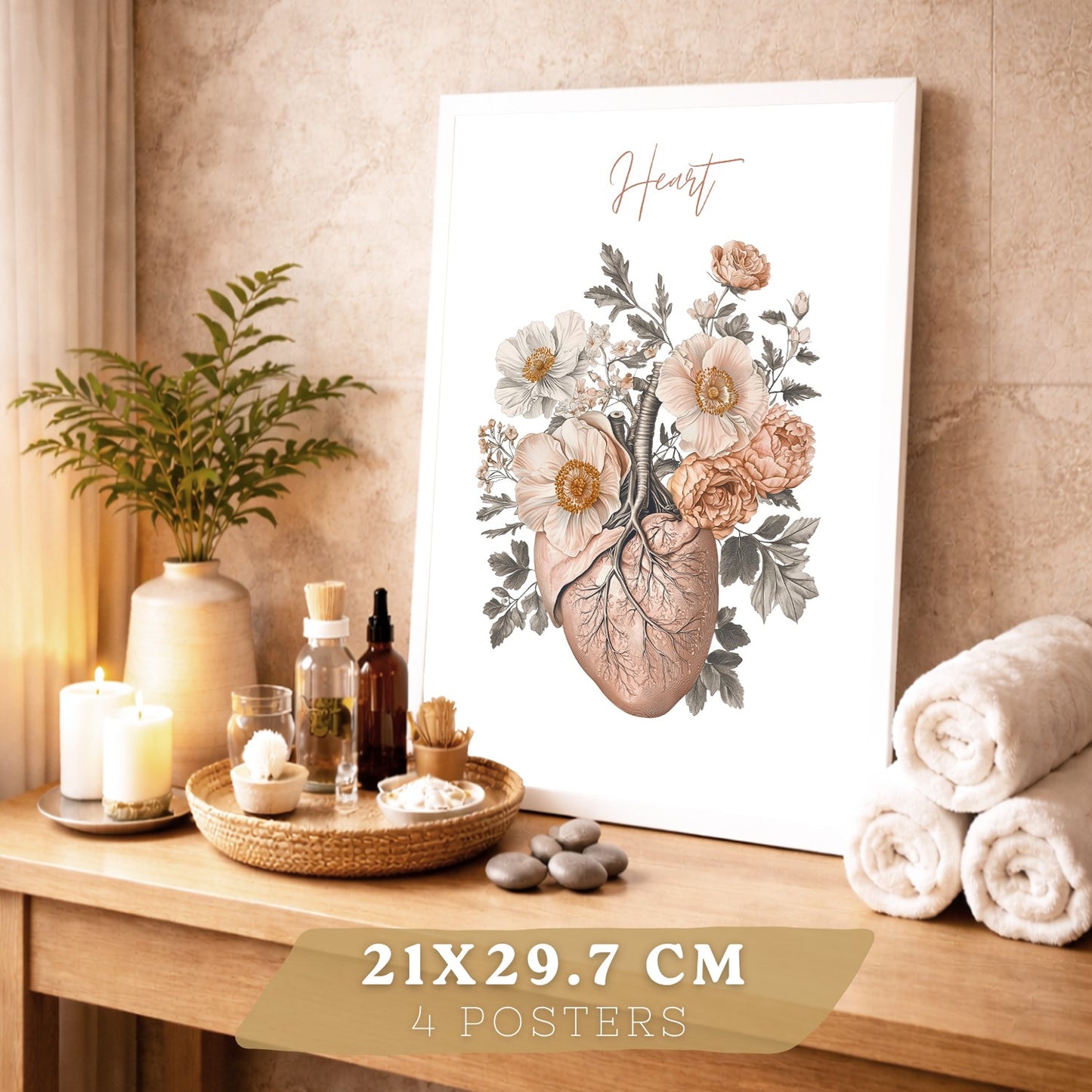 Set 4 Cuadros de Anatomía Humana Láminas Florales con Corazón Pulmones Esqueleto y Cráneo Estilo Moderno Elegante