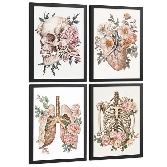 Set 4 Láminas Decoración para Pared Anatomía Humana Floral Vintage Ilustración Botánica Estilo Acuarela Posters de Cráneo Corazón Pulmones y Esqueleto