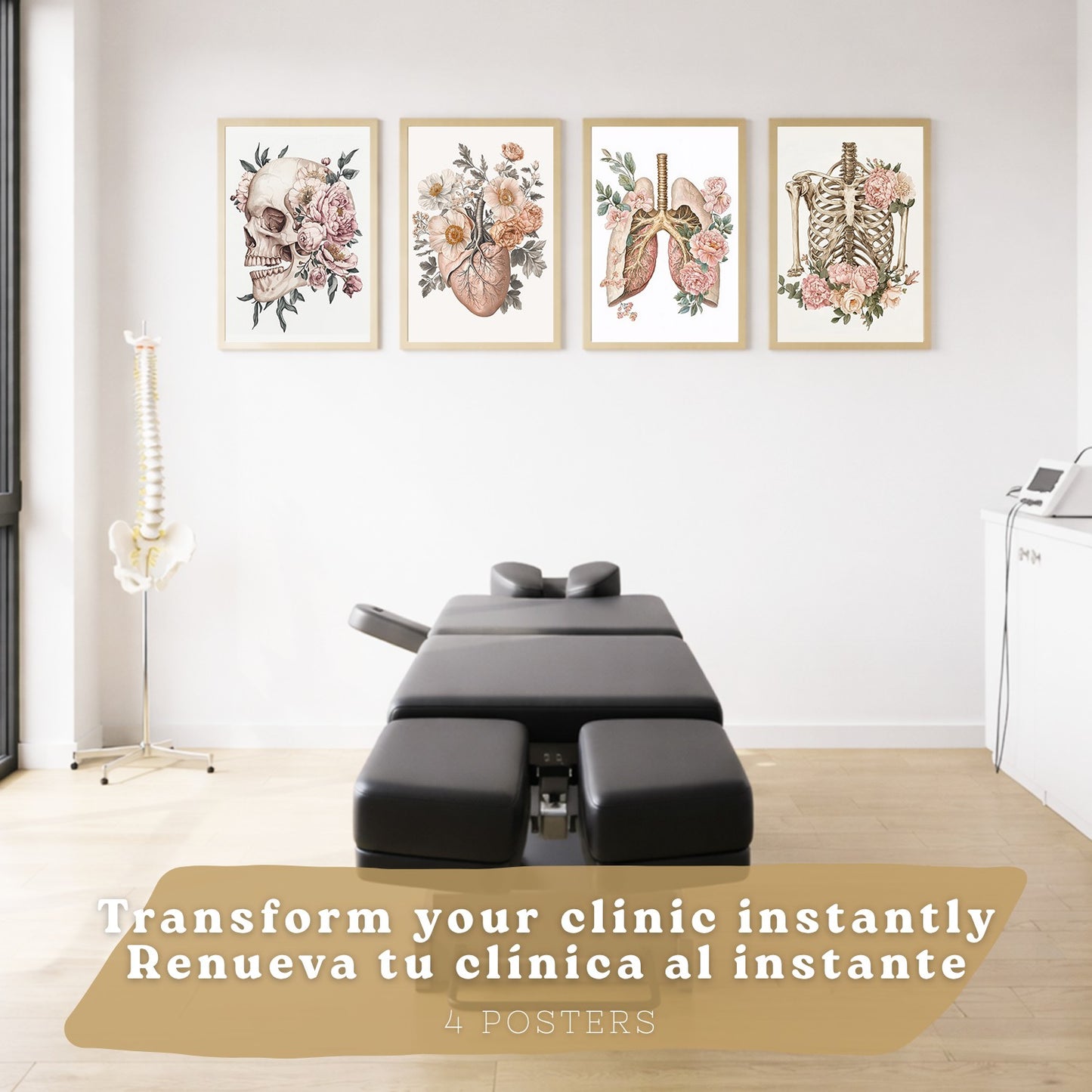 Set 4 Cuadros Decorativos de Anatomía Humana Láminas y Posters con Cráneo Cerebro Pulmones Tráquea Bronquios Pelvis Columna Diseño Floral Elegante