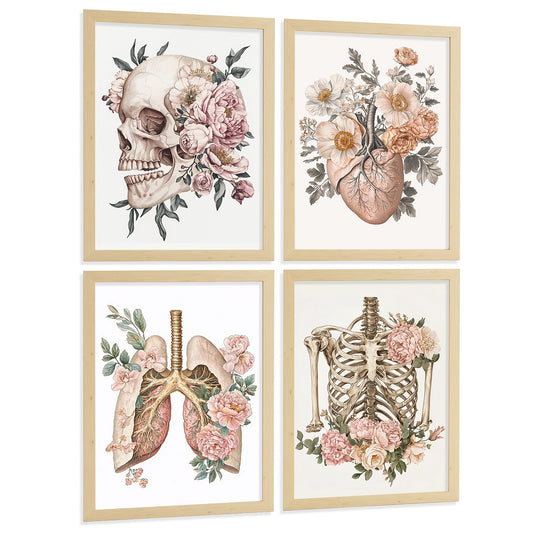 Set 4 Láminas Decoración para Pared Anatomía Humana Floral Vintage Ilustración Botánica Estilo Acuarela Posters de Cráneo Corazón Pulmones y Esqueleto