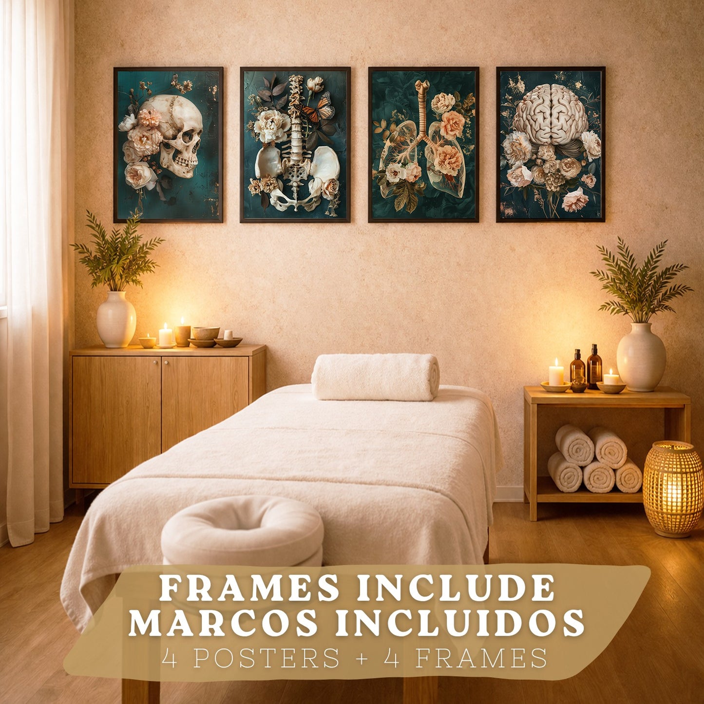 Set 4 Cuadros Decorativos de Anatomía Humana Láminas y Posters con Cráneo Cerebro Pulmones Tráquea Bronquios Pelvis Columna Diseño Floral Elegante