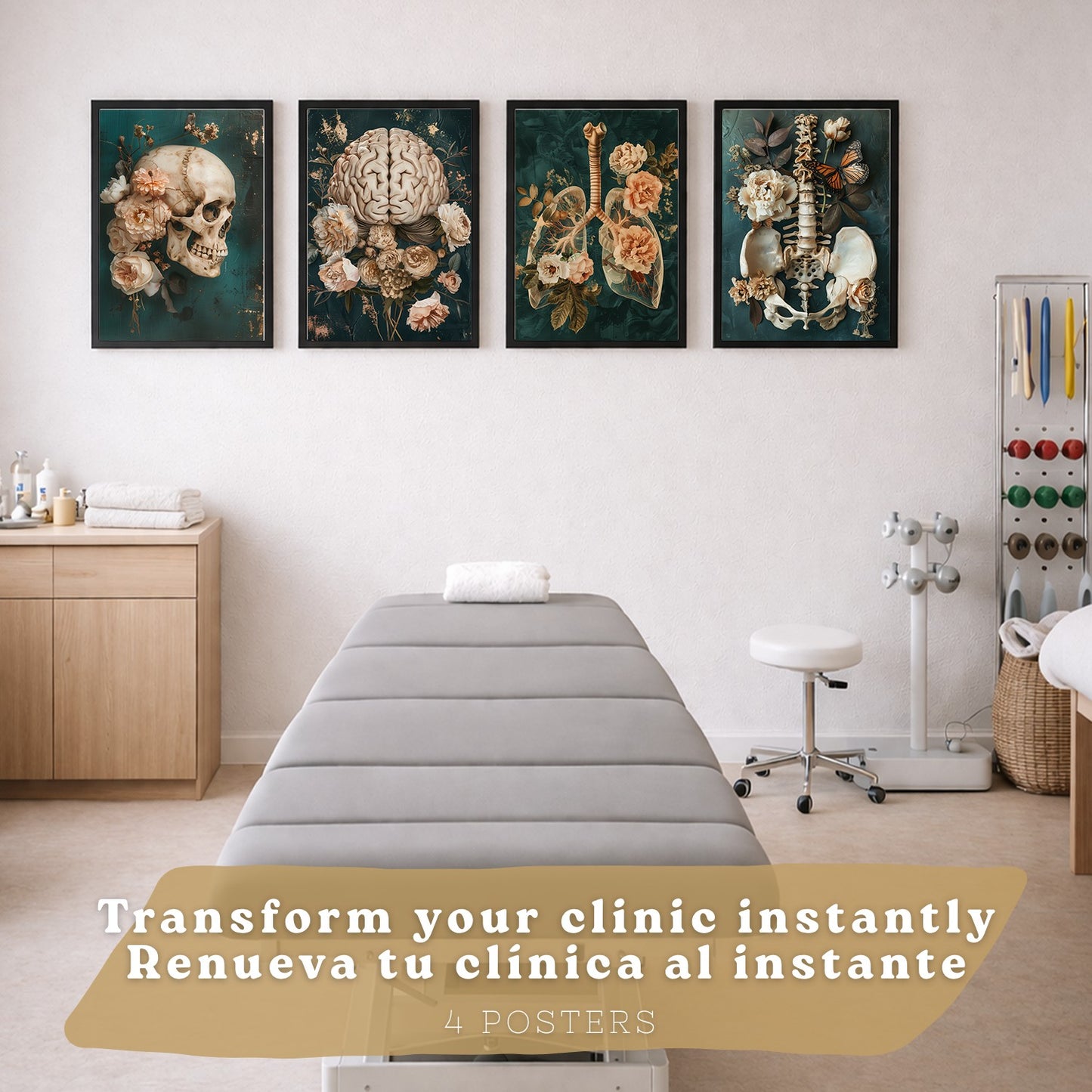 Set 4 Cuadros Decorativos de Anatomía Humana Láminas y Posters con Cráneo Cerebro Pulmones Tráquea Bronquios Pelvis Columna Diseño Floral Elegante