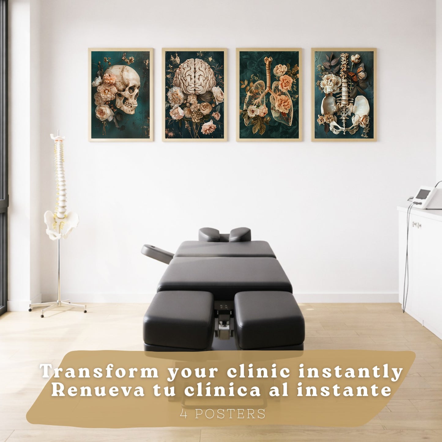 Set 4 Cuadros Decorativos de Anatomía Humana Láminas y Posters con Cráneo Cerebro Pulmones Tráquea Bronquios Pelvis Columna Diseño Floral Elegante