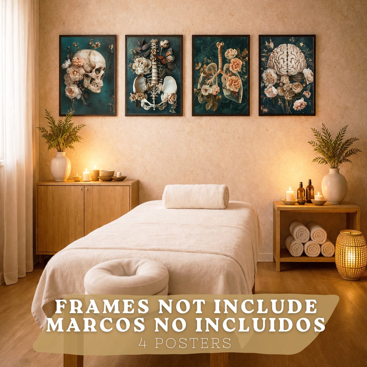 Set 4 Cuadros Decorativos de Anatomía Humana Láminas y Posters con Cráneo Cerebro Pulmones Tráquea Bronquios Pelvis Columna Diseño Floral Elegante
