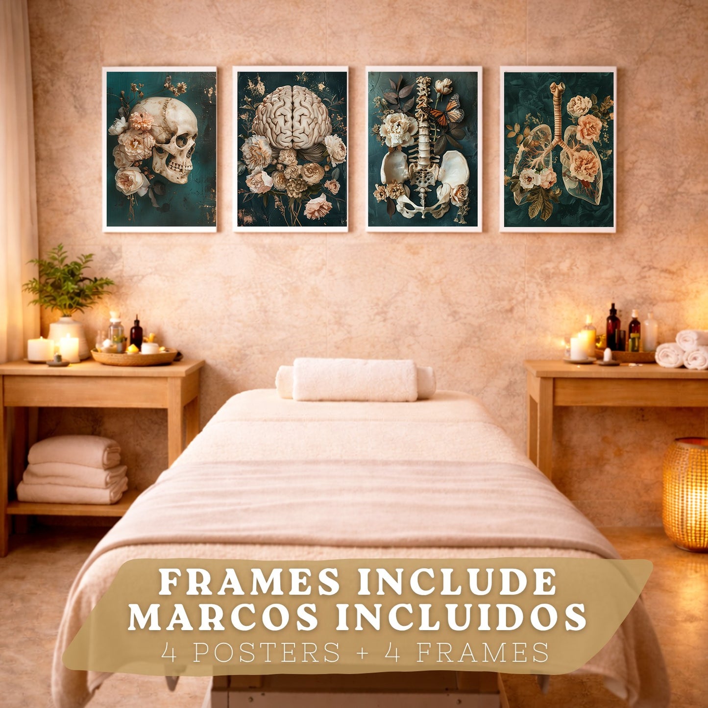 Set 4 Cuadros Decorativos de Anatomía Humana Láminas y Posters con Cráneo Cerebro Pulmones Tráquea Bronquios Pelvis Columna Diseño Floral Elegante