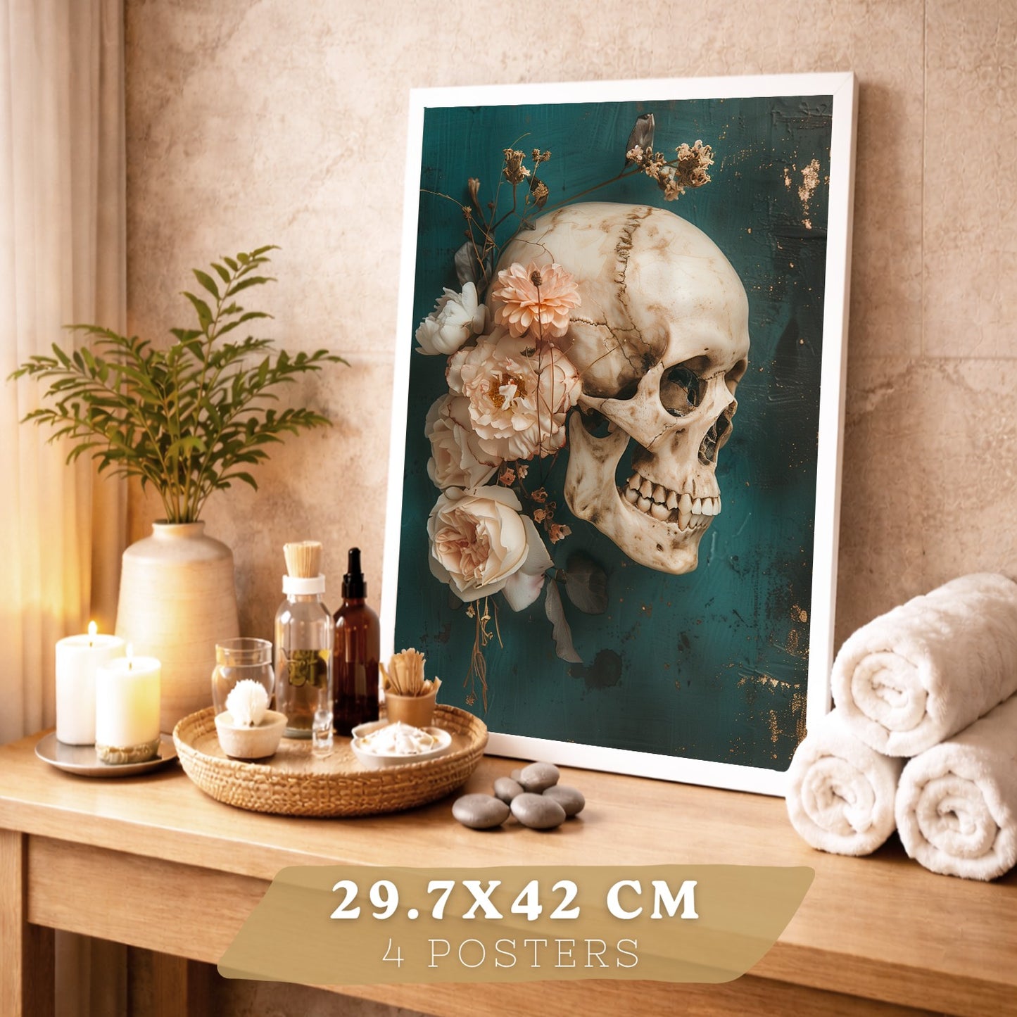 Set 4 Cuadros Decorativos de Anatomía Humana Láminas y Posters con Cráneo Cerebro Pulmones Tráquea Bronquios Pelvis Columna Diseño Floral Elegante