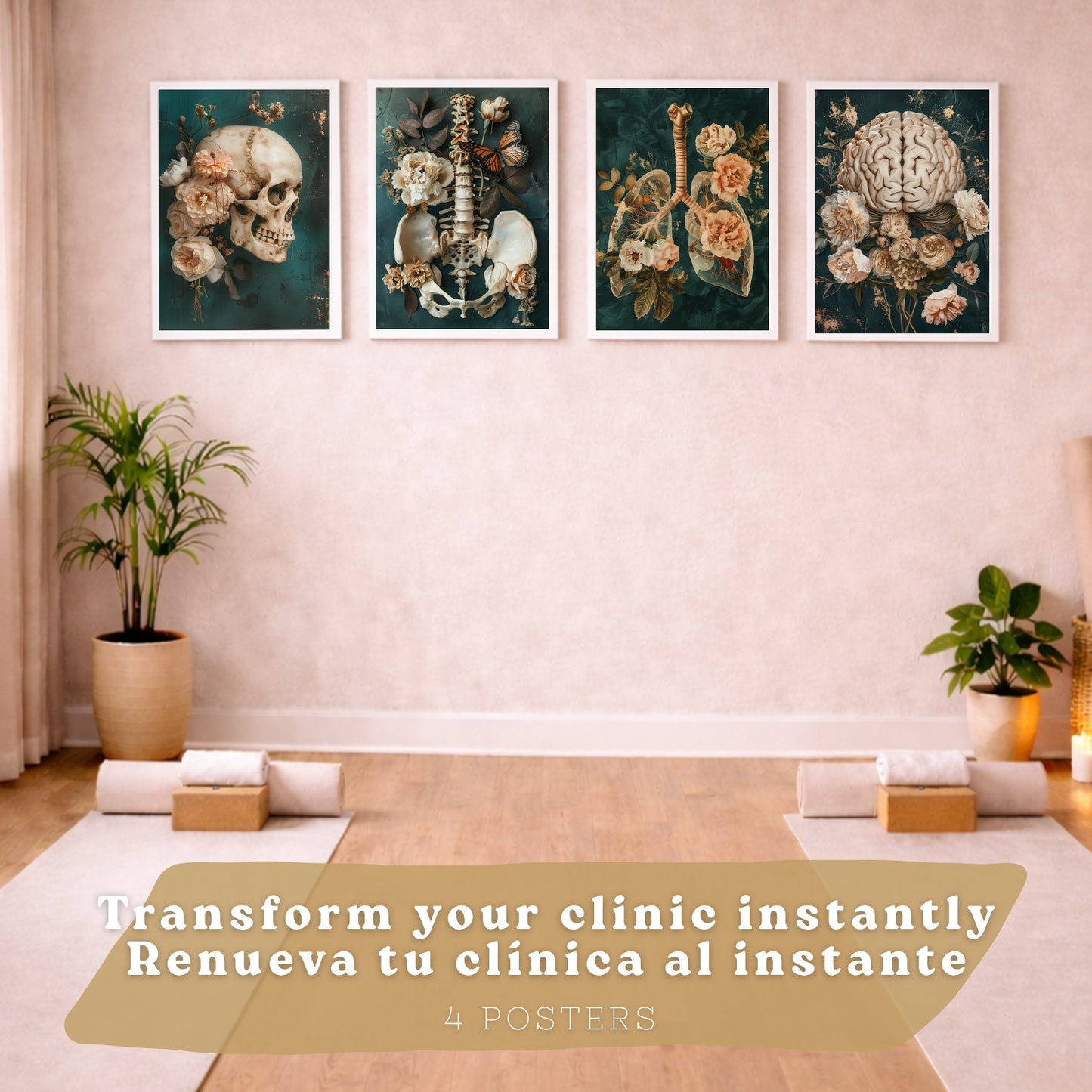 Set 4 Cuadros Decorativos de Anatomía Humana Láminas y Posters con Cráneo Cerebro Pulmones Tráquea Bronquios Pelvis Columna Diseño Floral Elegante