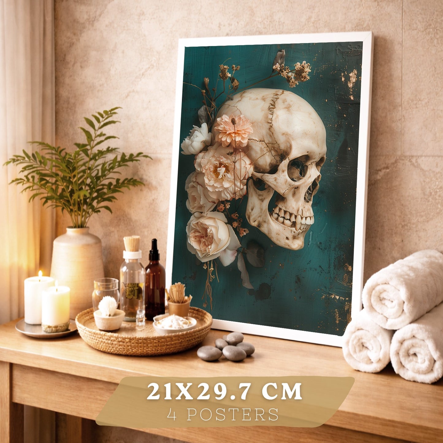 Set 4 Cuadros Decorativos de Anatomía Humana Láminas y Posters con Cráneo Cerebro Pulmones Tráquea Bronquios Pelvis Columna Diseño Floral Elegante