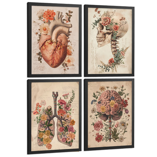 Set 4 Láminas Decoración para Pared Anatomía Vintage con Flores Cuadros de Corazón Pulmones Cráneo y Cerebro
