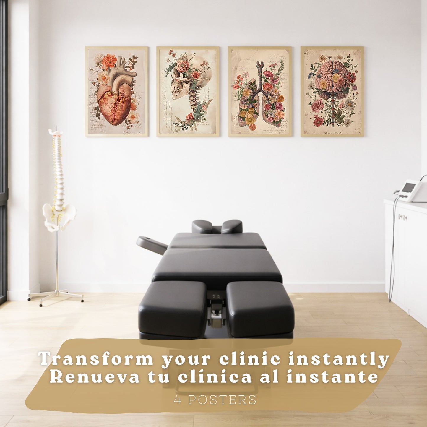 Set 4 Láminas Decorativas Anatomía Posters y Cuadros con Cráneo Corazón Cerebro Columna Vertebral Esqueleto Pelvis Estilo Clásico Floral Elegante