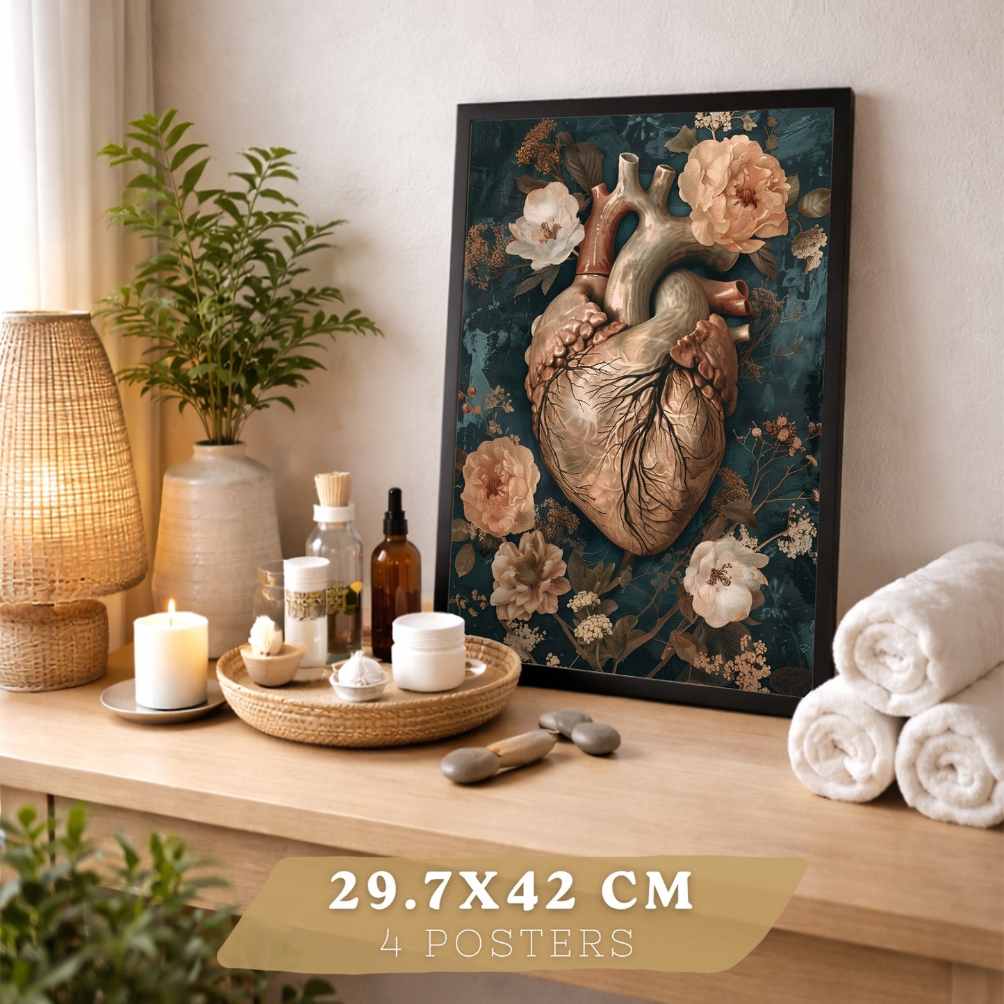 Set 4 Láminas Decorativas Anatomía Posters y Cuadros con Cráneo Corazón Cerebro Columna Vertebral Esqueleto Pelvis Estilo Clásico Floral Elegante