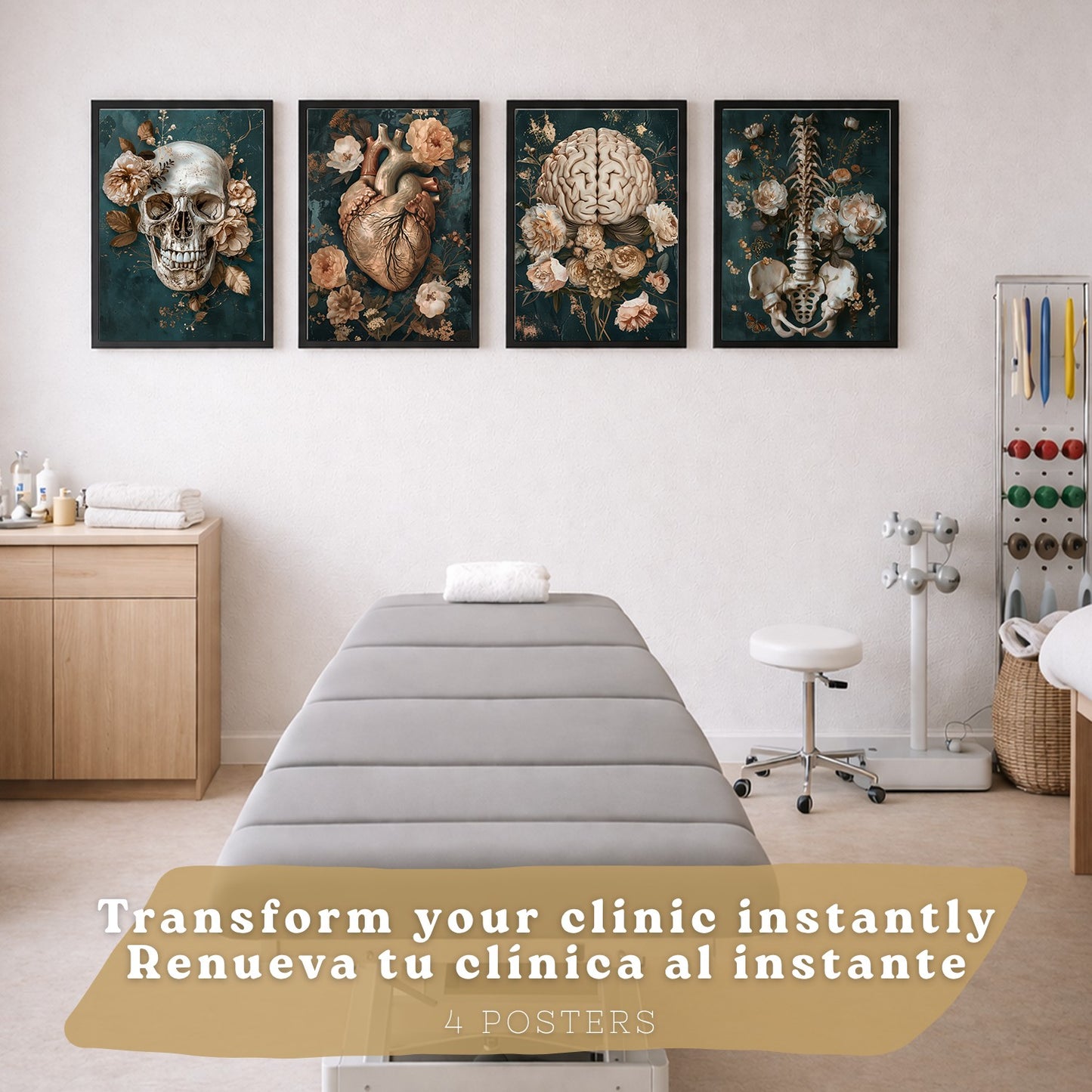 Set 4 Láminas Decorativas Anatomía Posters y Cuadros con Cráneo Corazón Cerebro Columna Vertebral Esqueleto Pelvis Estilo Clásico Floral Elegante