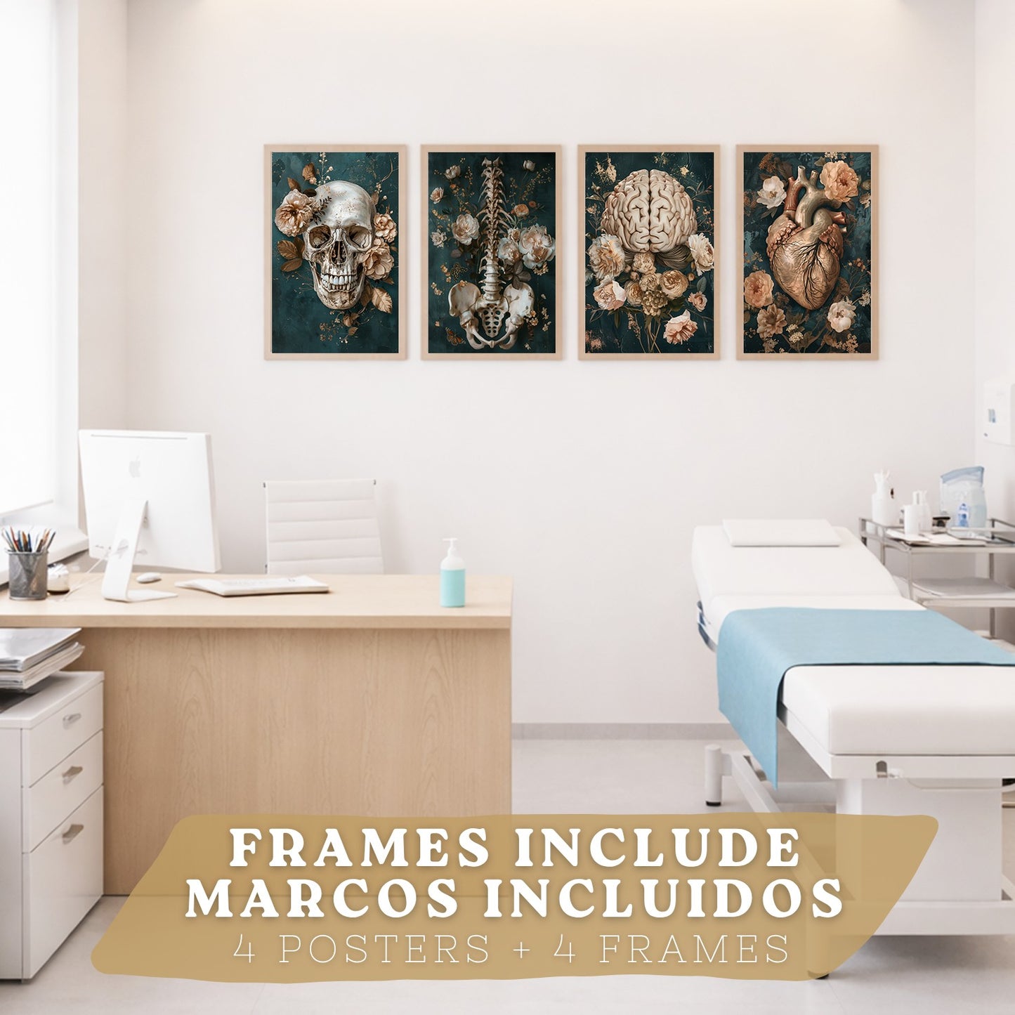 Set 4 Láminas Decorativas Anatomía Posters y Cuadros con Cráneo Corazón Cerebro Columna Vertebral Esqueleto Pelvis Estilo Clásico Floral Elegante