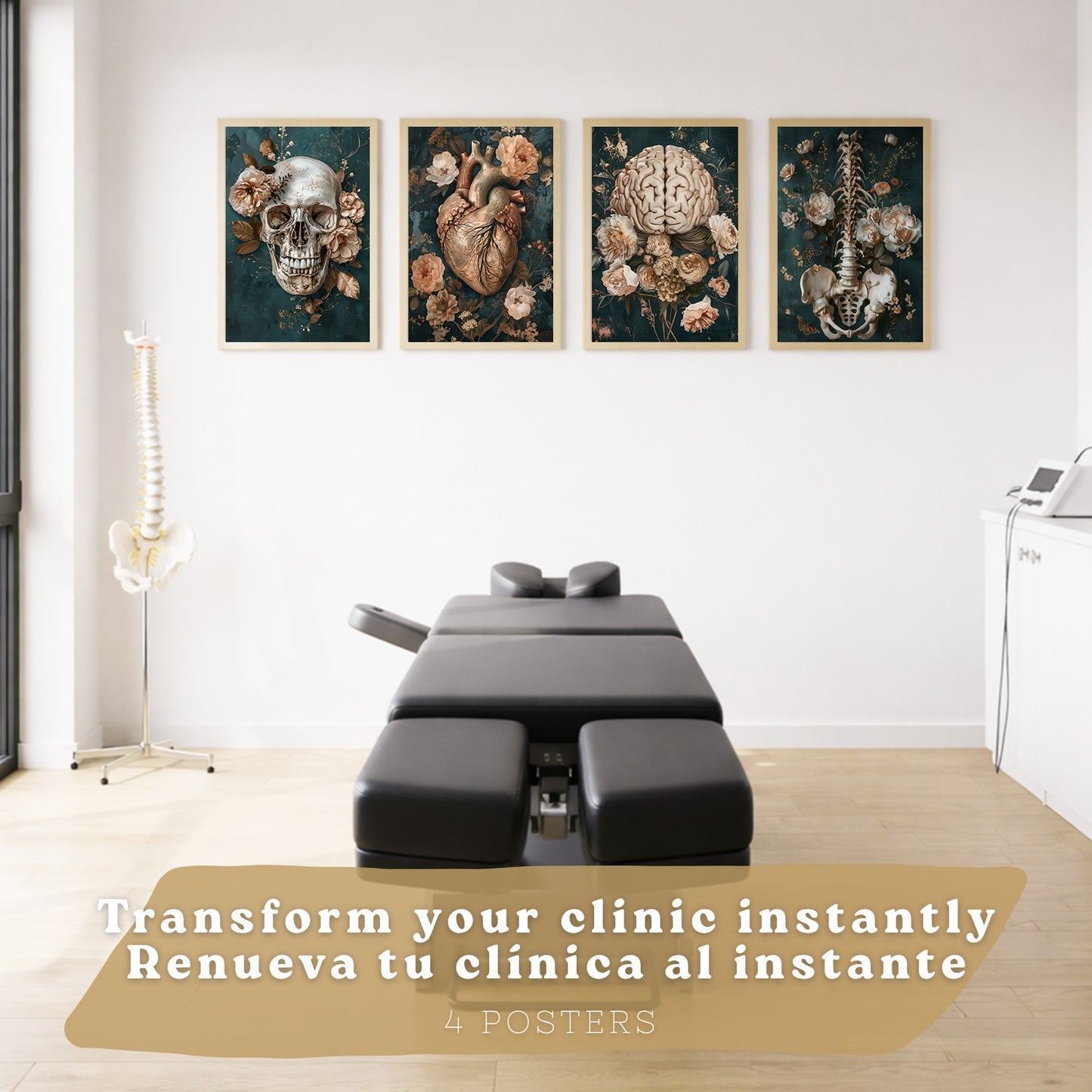Set 4 Láminas Decorativas Anatomía Posters y Cuadros con Cráneo Corazón Cerebro Columna Vertebral Esqueleto Pelvis Estilo Clásico Floral Elegante