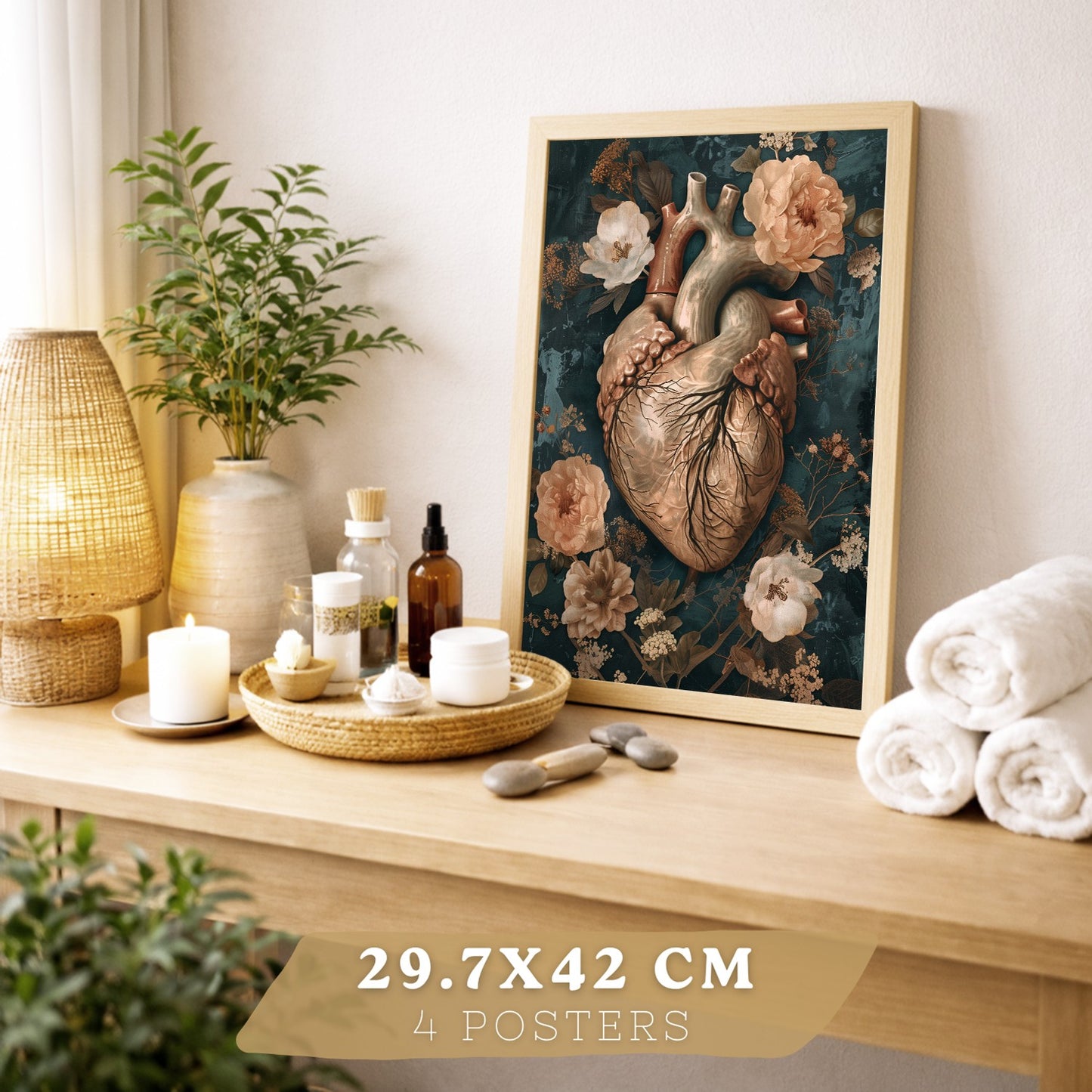 Set 4 Láminas Decorativas Anatomía Posters y Cuadros con Cráneo Corazón Cerebro Columna Vertebral Esqueleto Pelvis Estilo Clásico Floral Elegante
