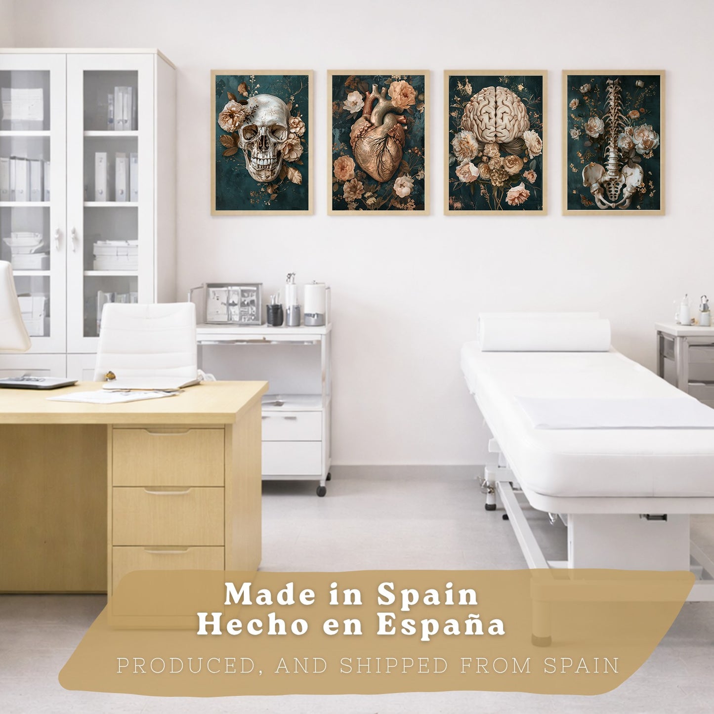 Set 4 Láminas Decorativas Anatomía Posters y Cuadros con Cráneo Corazón Cerebro Columna Vertebral Esqueleto Pelvis Estilo Clásico Floral Elegante