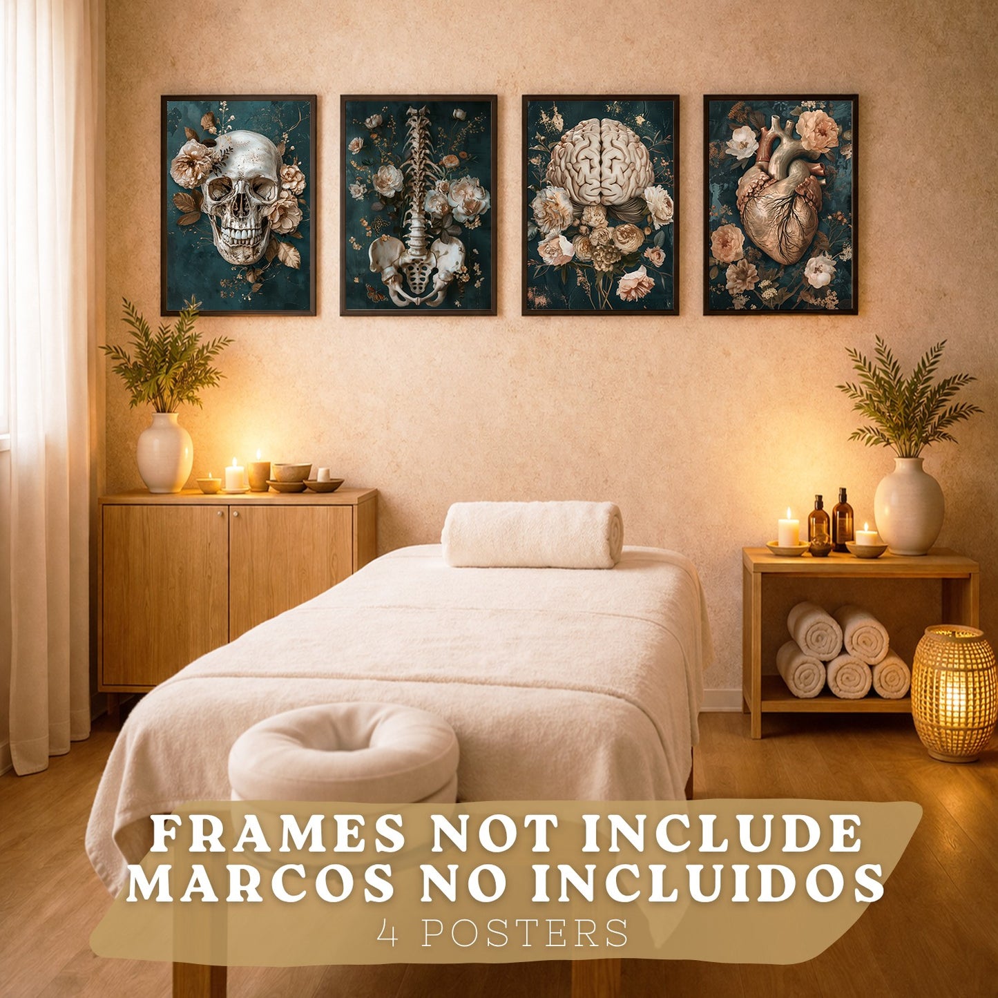 Set 4 Láminas Decorativas Anatomía Posters y Cuadros con Cráneo Corazón Cerebro Columna Vertebral Esqueleto Pelvis Estilo Clásico Floral Elegante