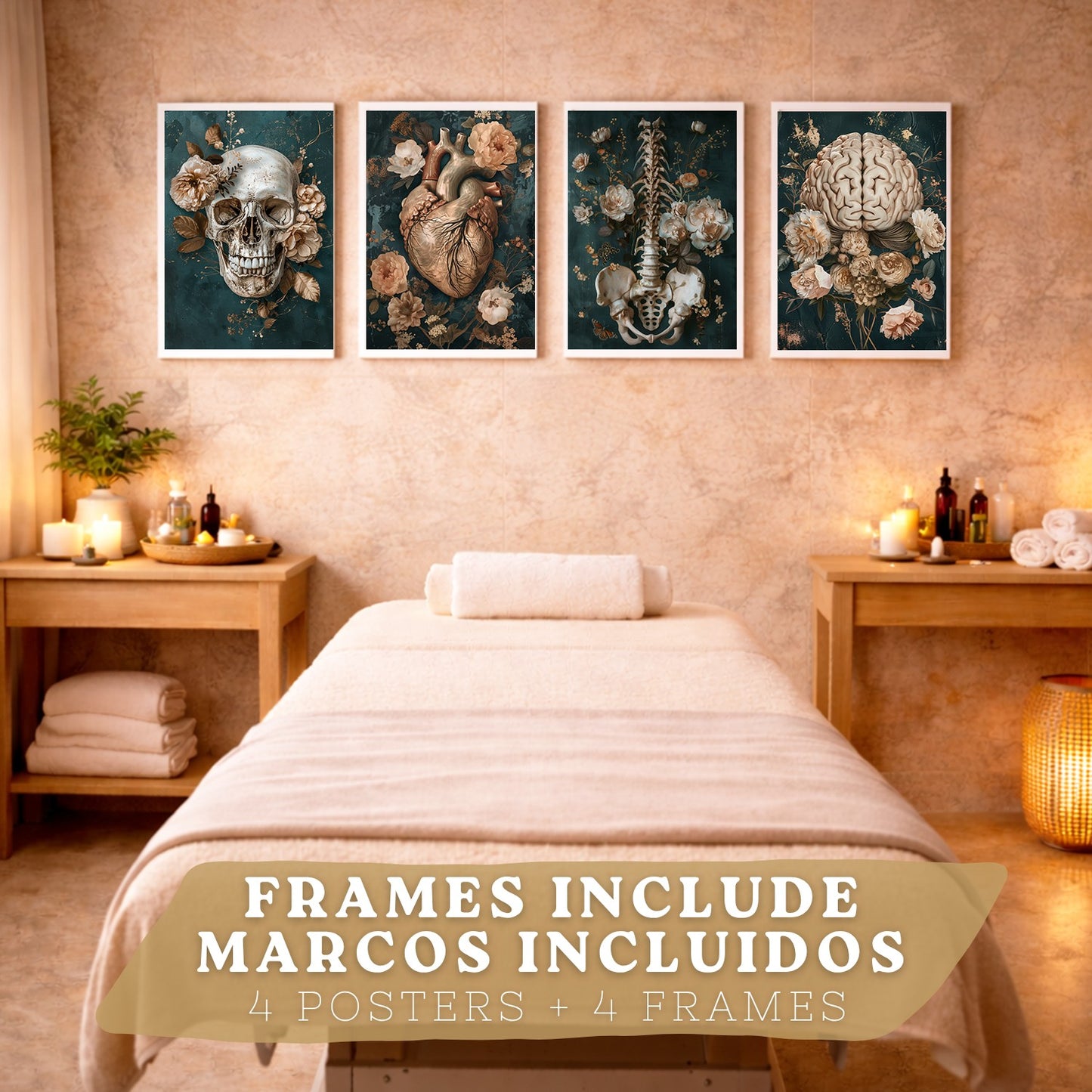 Set 4 Láminas Decorativas Anatomía Posters y Cuadros con Cráneo Corazón Cerebro Columna Vertebral Esqueleto Pelvis Estilo Clásico Floral Elegante