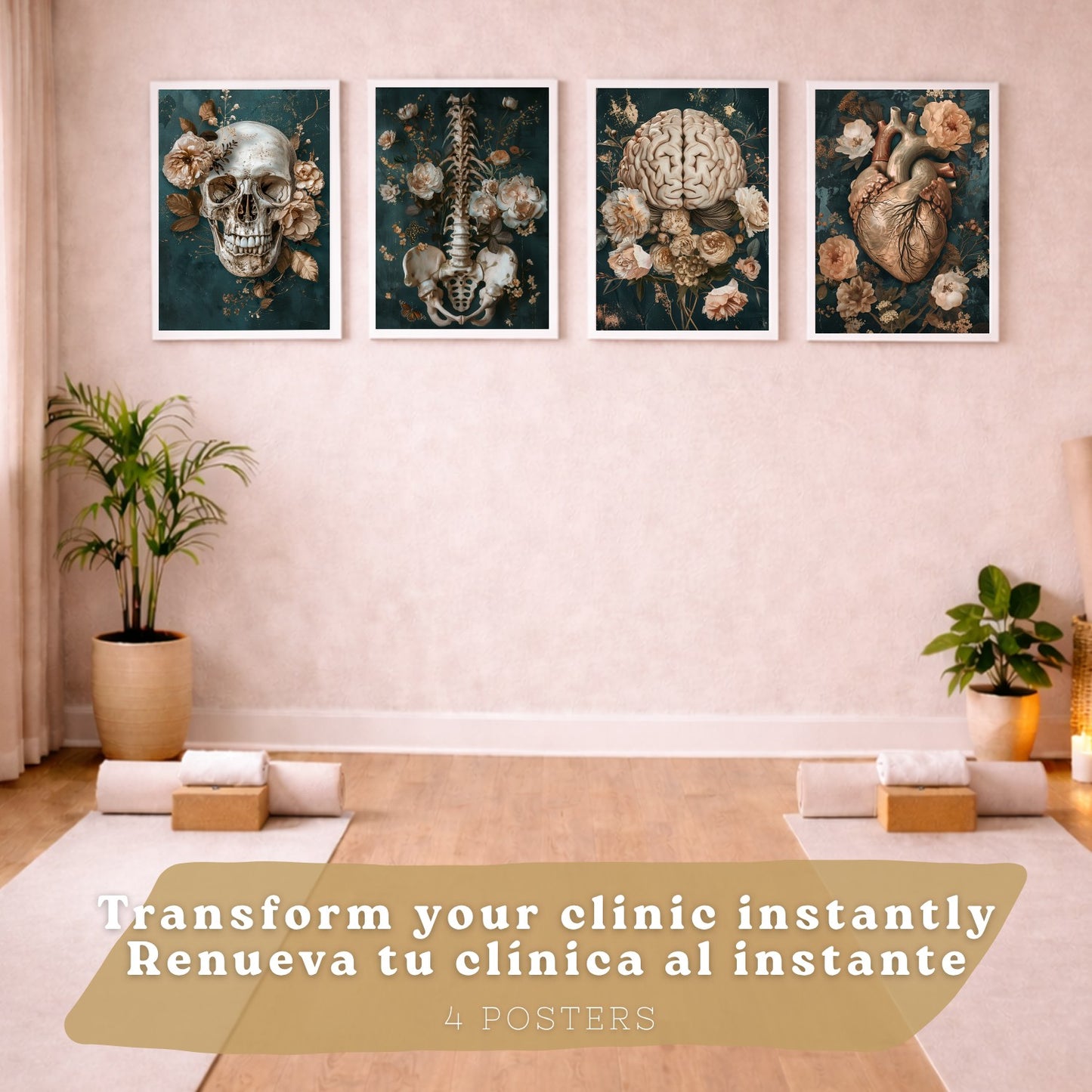 Set 4 Láminas Decorativas Anatomía Posters y Cuadros con Cráneo Corazón Cerebro Columna Vertebral Esqueleto Pelvis Estilo Clásico Floral Elegante