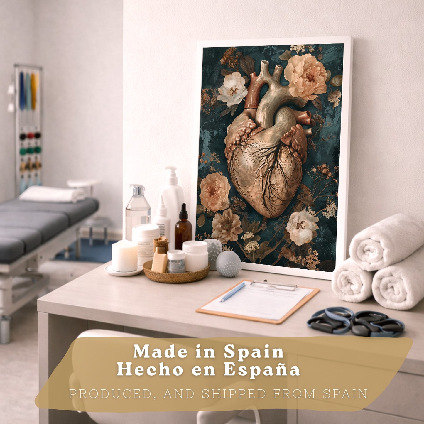 Set 4 Láminas Decorativas Anatomía Posters y Cuadros con Cráneo Corazón Cerebro Columna Vertebral Esqueleto Pelvis Estilo Clásico Floral Elegante