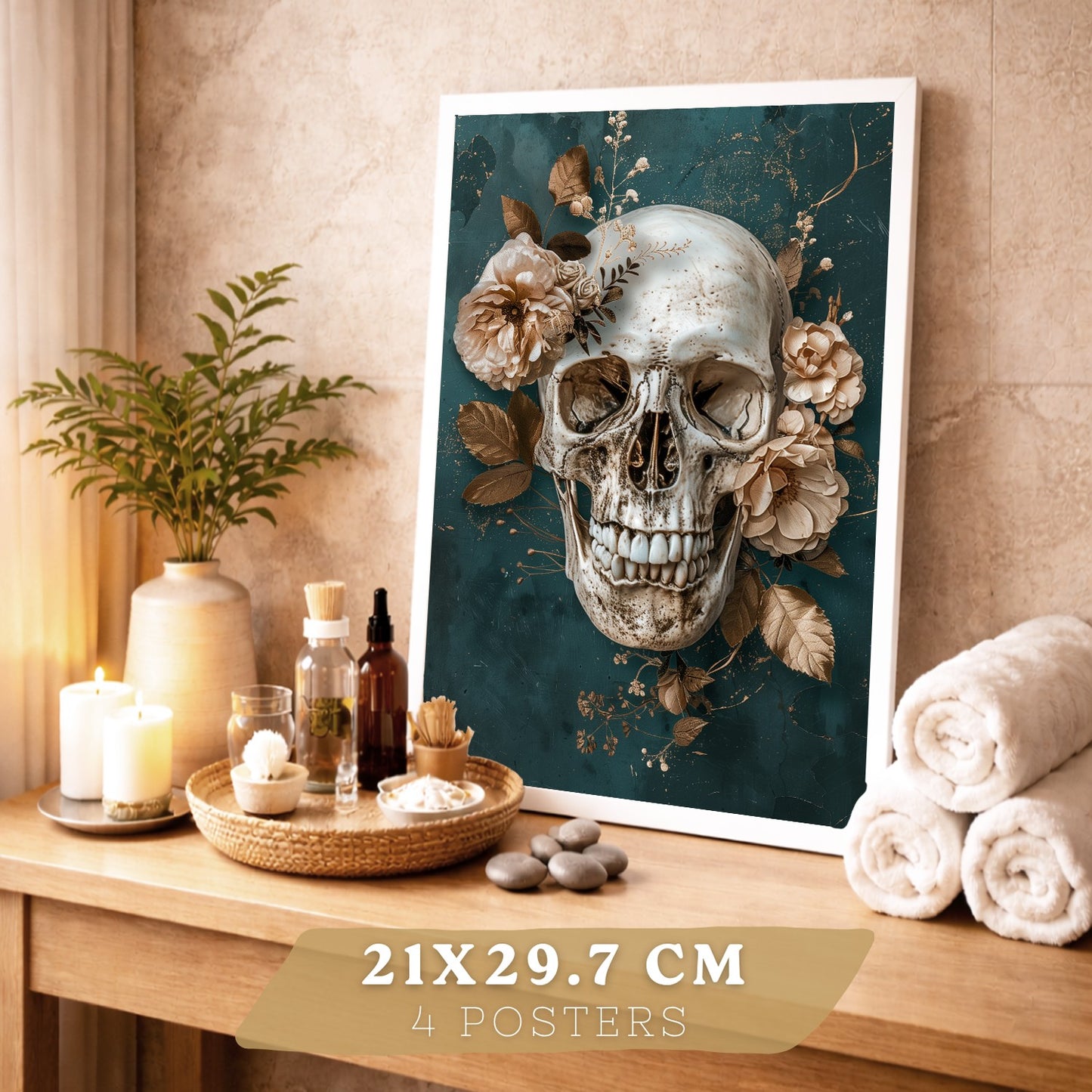 Set 4 Láminas Decorativas Anatomía Posters y Cuadros con Cráneo Corazón Cerebro Columna Vertebral Esqueleto Pelvis Estilo Clásico Floral Elegante