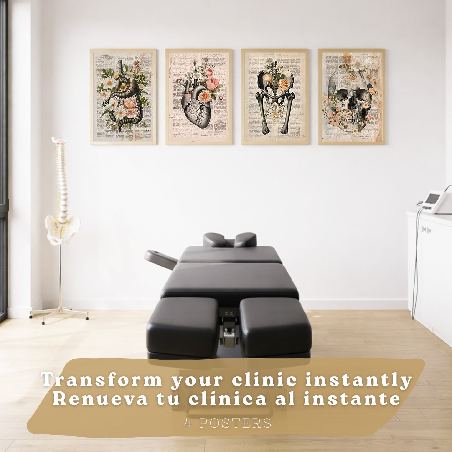 Set 4 Láminas de Anatomía Humana Posters y Cuadros con Calavera, Pulmones, Sistema Digestivo y Cerebro Estilo Acuarela Floral