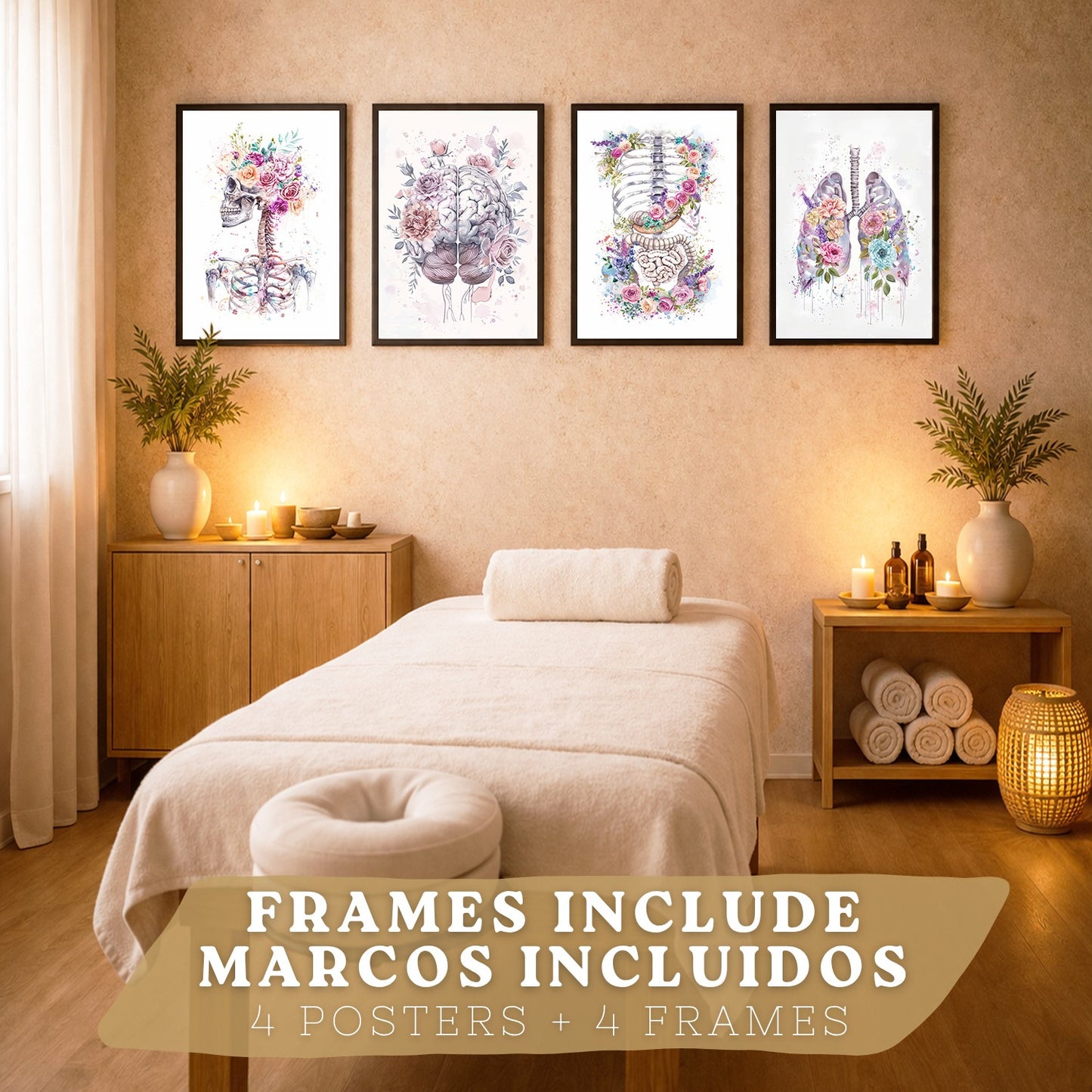 Set 4 Láminas de Anatomía Humana Posters y Cuadros con Calavera, Pulmones, Sistema Digestivo y Cerebro Estilo Acuarela Floral