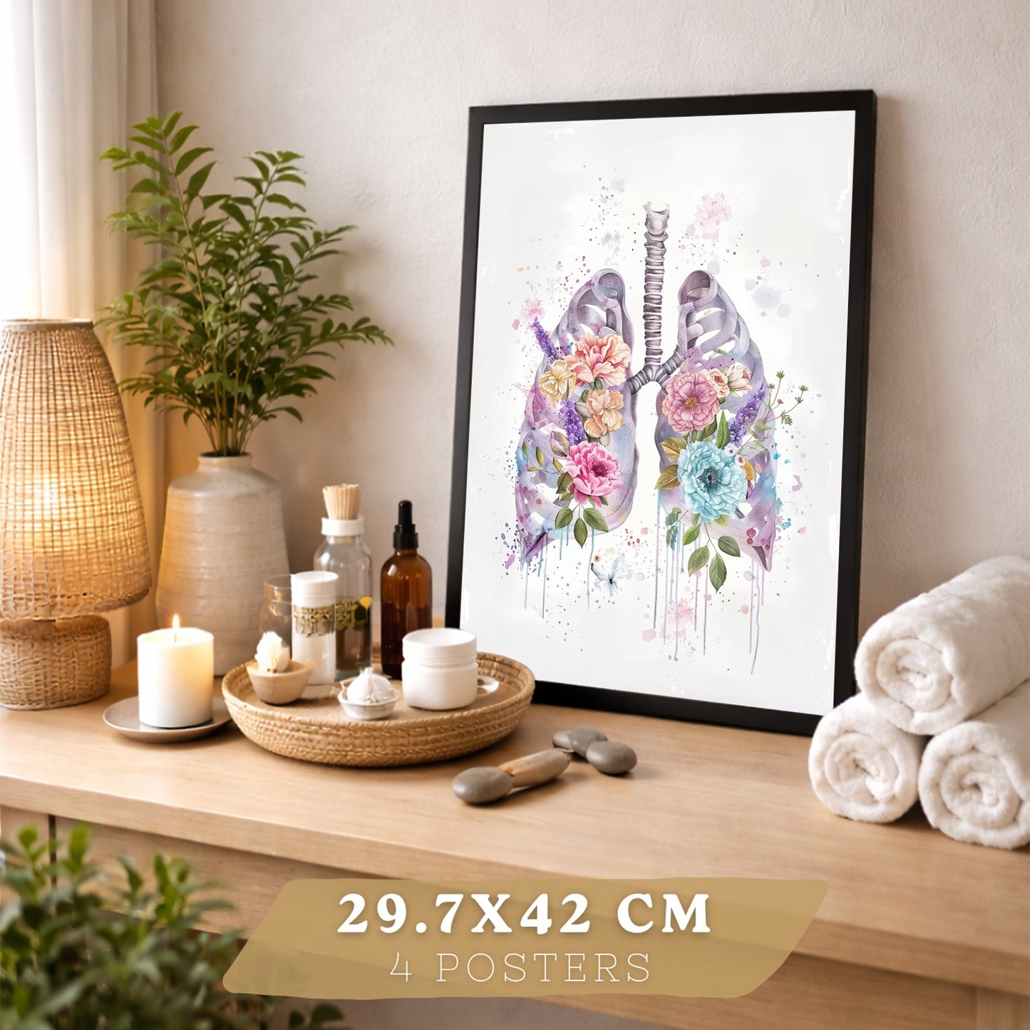 Set 4 Láminas de Anatomía Humana Posters y Cuadros con Calavera, Pulmones, Sistema Digestivo y Cerebro Estilo Acuarela Floral
