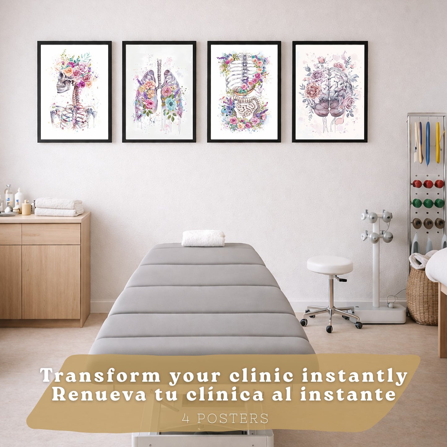 Set 4 Láminas de Anatomía Humana Posters y Cuadros con Calavera, Pulmones, Sistema Digestivo y Cerebro Estilo Acuarela Floral
