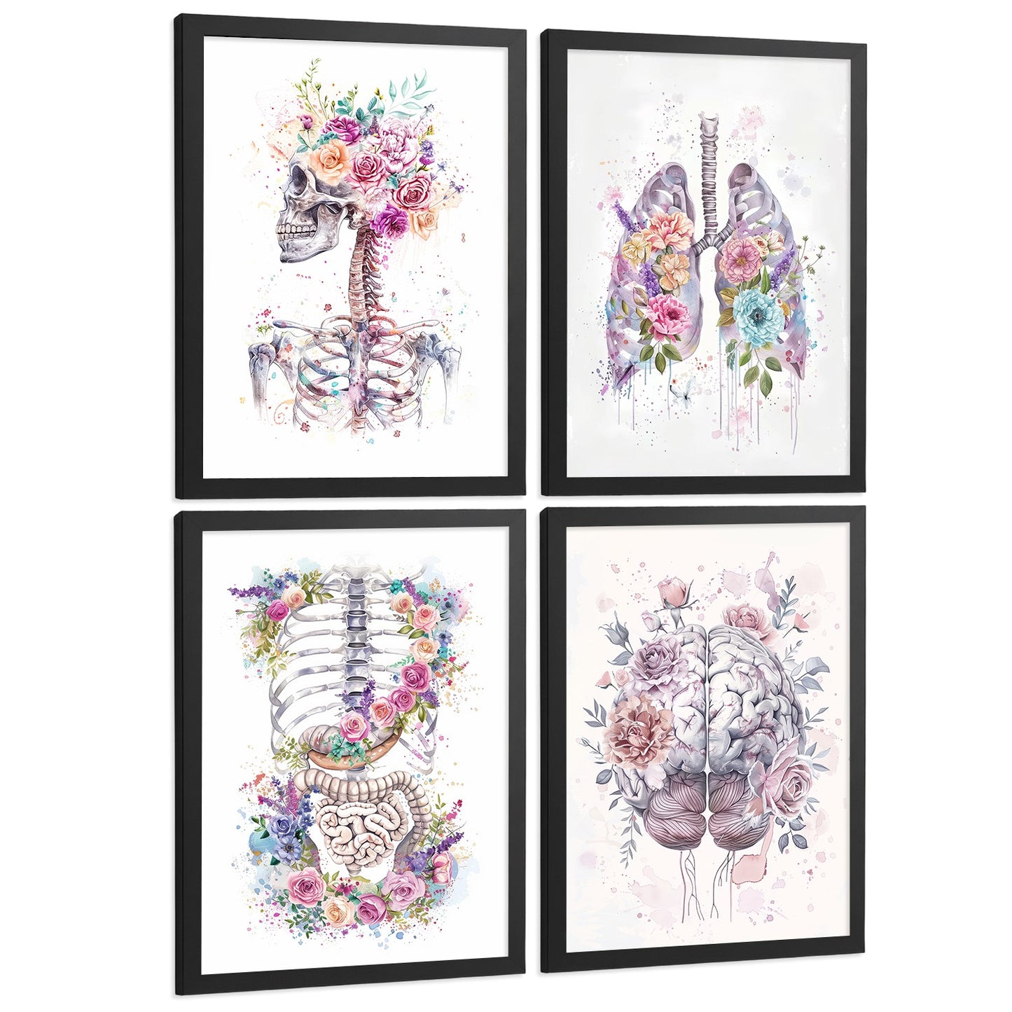 Set 4 Láminas de Anatomía Humana Posters y Cuadros con Calavera, Pulmones, Sistema Digestivo y Cerebro Estilo Acuarela Floral