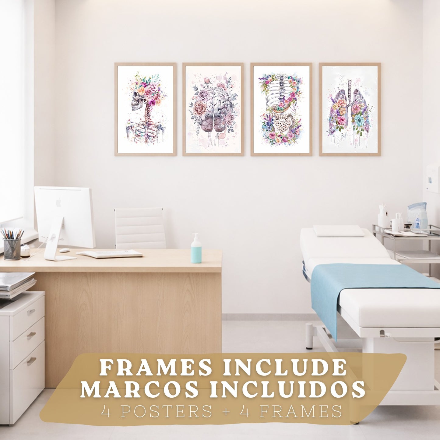 Set 4 Láminas de Anatomía Humana Posters y Cuadros con Calavera, Pulmones, Sistema Digestivo y Cerebro Estilo Acuarela Floral