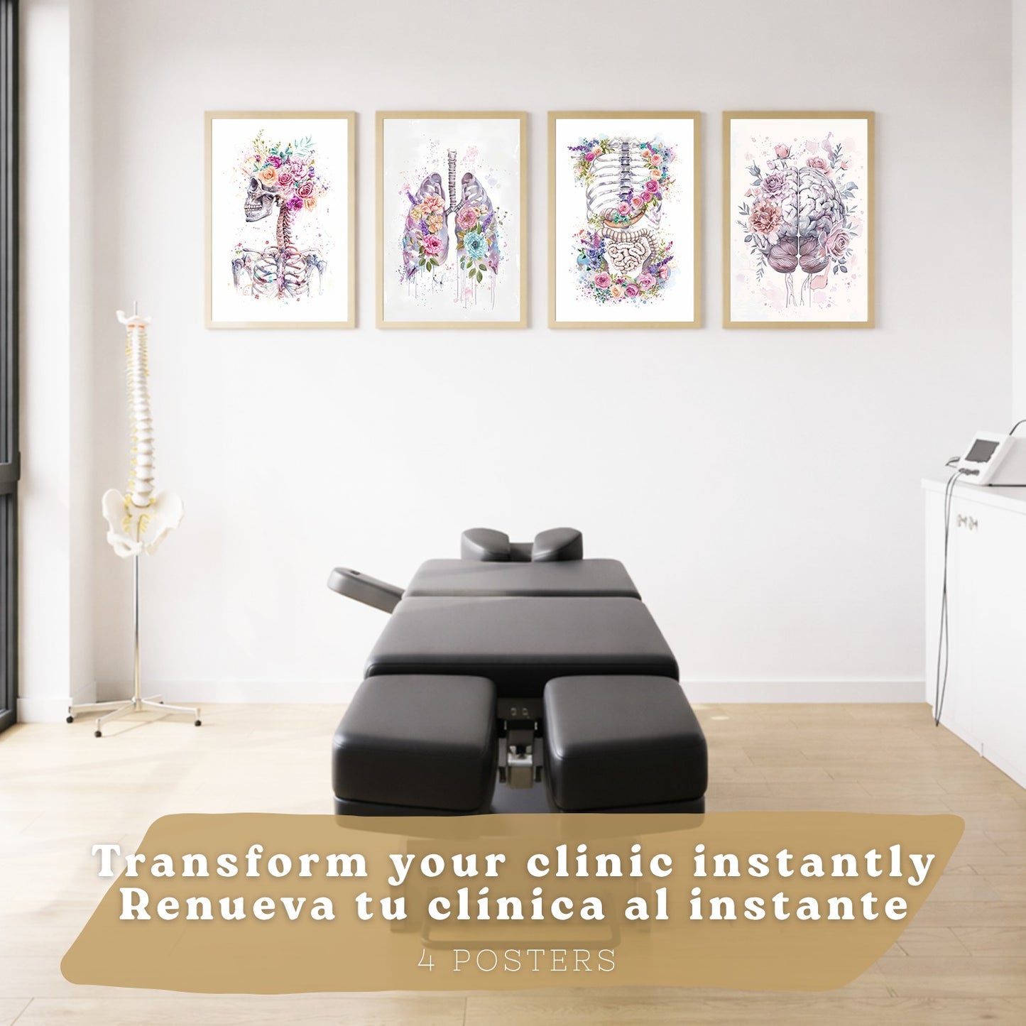 Set 4 Láminas de Anatomía Humana Posters y Cuadros con Calavera, Pulmones, Sistema Digestivo y Cerebro Estilo Acuarela Floral