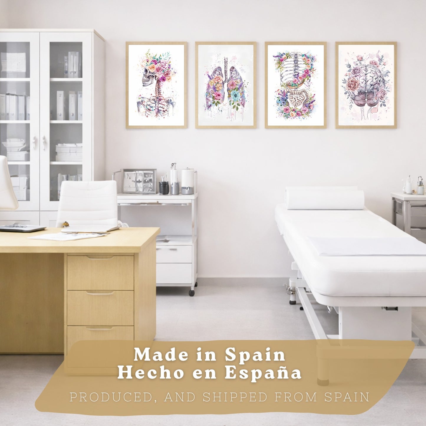 Set 4 Láminas de Anatomía Humana Posters y Cuadros con Calavera, Pulmones, Sistema Digestivo y Cerebro Estilo Acuarela Floral