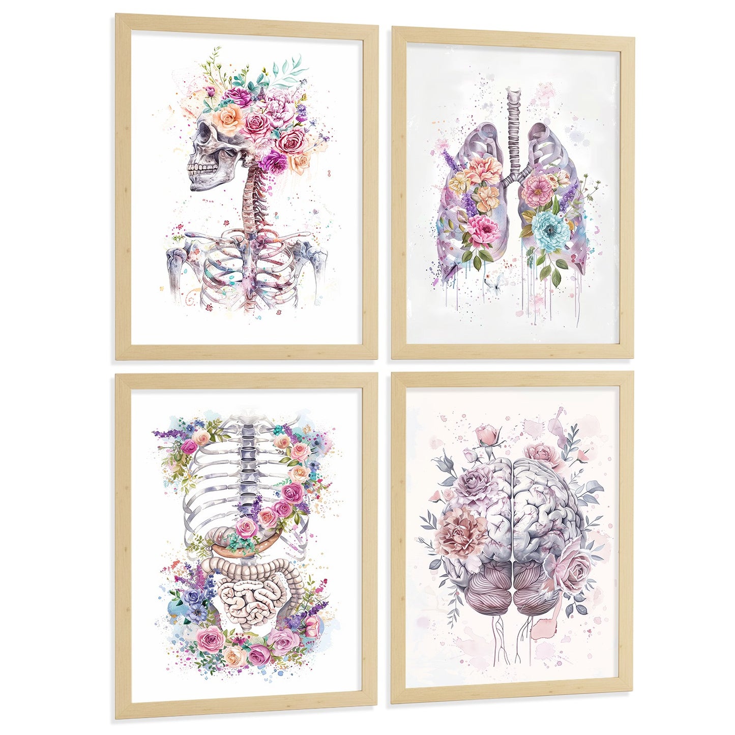Set 4 Láminas de Anatomía Humana Posters y Cuadros con Calavera, Pulmones, Sistema Digestivo y Cerebro Estilo Acuarela Floral