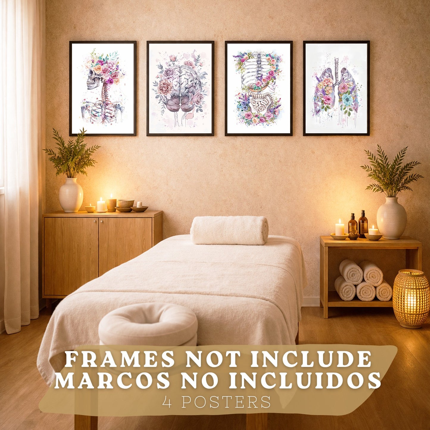 Set 4 Láminas de Anatomía Humana Posters y Cuadros con Calavera, Pulmones, Sistema Digestivo y Cerebro Estilo Acuarela Floral